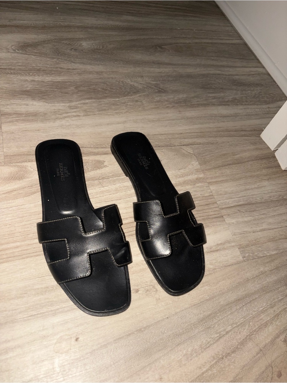 Hermes Black Leather Oran Slide Sandals